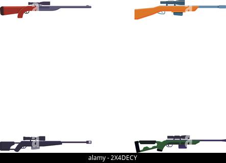 Les icônes de fusil de sniper définissent le vecteur de dessin animé. Arme à feu de sniper et carabine de chasseur. Arme militaire et de chasse Illustration de Vecteur