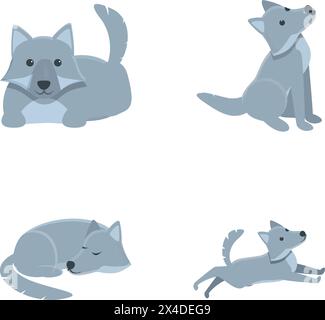 Wolf icônes définissent le vecteur de dessin animé. Animal loup gris mignon. Personnage de dessin animé Illustration de Vecteur