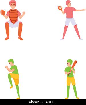 Les icônes de baseball définissent le vecteur de dessin animé. Action variée du joueur de baseball. Sport, jeu d'équipe Illustration de Vecteur