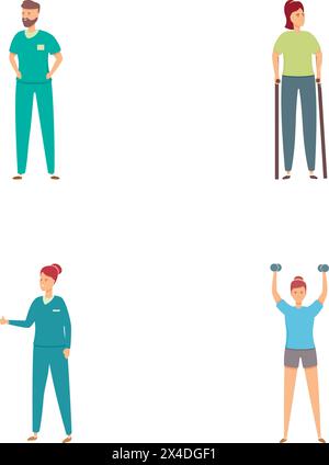Icônes de rééducation orthopédique définir vecteur de dessin animé. Médecin aider le patient à se rétablir. Physiothérapie, centre de rééducation Illustration de Vecteur