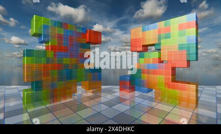 Technologie et nature arrière-plan - cubes 3D colorés planant au-dessus de la surface réfléchissante contre le ciel nuages dans un paysage de rêve numérique, rendu 3D. Banque D'Images