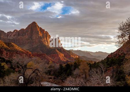 La lumière douce du coucher de soleil filtrant à travers les nuages brille sur le côté des hautes montagnes de grès anciennes en automne au parc national de Zion, Utah. Banque D'Images