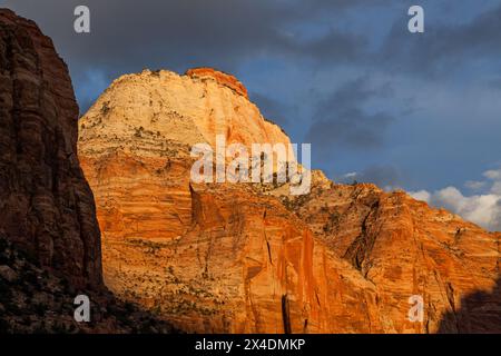 La lumière douce du coucher de soleil filtrant à travers les nuages brille sur le côté des hautes montagnes de grès anciennes en automne au parc national de Zion, Utah. Banque D'Images