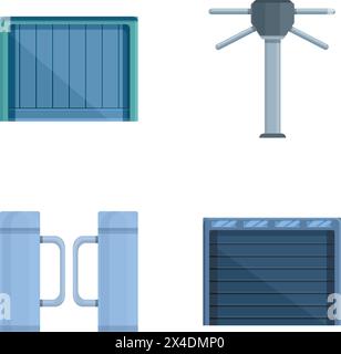 Diverses icônes de porte définissent le vecteur de dessin animé. Portail et tourniquet automatiques. Obstacle mécanique Illustration de Vecteur
