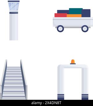 Les icônes d'aéroport définissent le vecteur de dessin animé. Divers équipements aéroportuaires. Vacances, tourisme Illustration de Vecteur