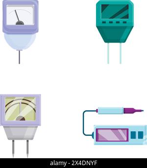 Les icônes de mesure du pH définissent le vecteur de dessin animé. ph-mètre chimique numérique. Dispositif capteur Illustration de Vecteur