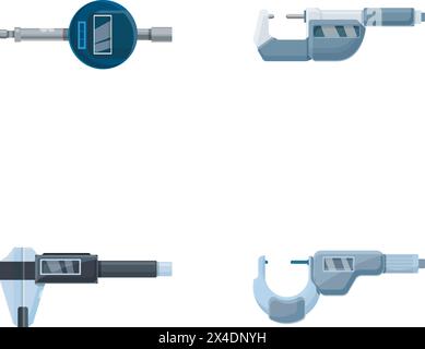 Icônes de micromètre classique définissent le vecteur de dessin animé. Micromètre numérique de laboratoire. Outil de précision numérique Illustration de Vecteur