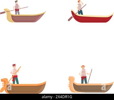 Icônes de gondole définir vecteur de dessin animé. Bateau italien avec gondolier. Voyage en Europe Illustration de Vecteur