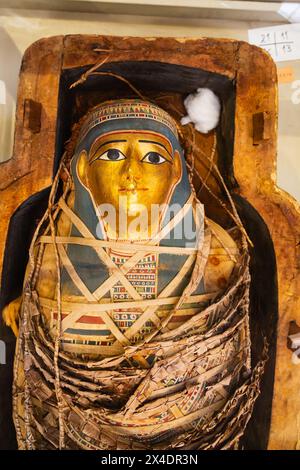 Momie au visage d'or dans le sarcophage, Musée des Antiquités, le Caire, Egypte Banque D'Images