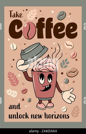 Affiche rétro vectorielle avec le personnage groovy Cartoon Coffee Cup qui cligne et soulève son couvercle Illustration de Vecteur