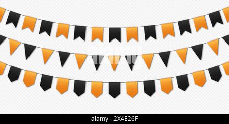 Drapeaux de fête d'Halloween, guirlande de drapeaux de guirlande, fanions orange et noirs suspendus à une corde. Illustration de Vecteur