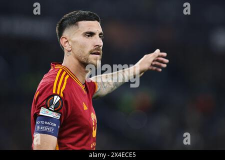 Naples, Italie. 02 mai 2024. Lorenzo Pellegrini de Roma Gestures lors de l'UEFA Europa League, demi-finales, match de 1ère manche entre AS Roma et Bayer Leverkusen le 2 mai 2024 au Stadio Olimpico à Rome, Italie - photo Federico Proietti/DPPI crédit : DPPI Media/Alamy Live News Banque D'Images