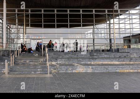 Manifestants pacifiques devant le bâtiment de l'Assemblée galloise, dans la baie de Cardiff. Mai 2024 (Gender Affiliming Care sauve des vies) Shash Appan parlant Banque D'Images