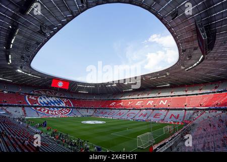 30 avril 2024 : Allianz Arena, Munich, Allemagne : vue générale de l'intérieur du stade Allianz Arena avant le match de demi-finale de l'UEFA Champions League entre le FC Bayern Munich et le Real Madrid à l'Allianz Arena de Munich, Allemagne. Banque D'Images