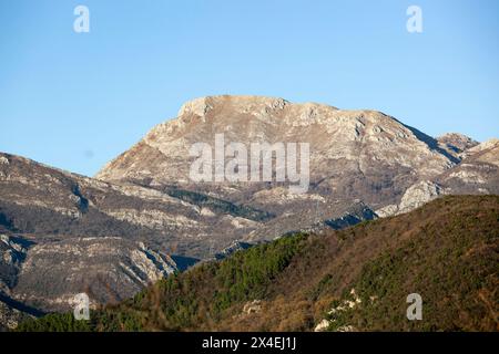 Printemps dans les montagnes, beau paysage de montagne. Vue sur la chaîne de montagnes et les arbres verdoyants. Été, automne et hiver. Budva, Monténégro. Banque D'Images