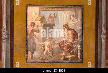 Fresque de Pompéi ; 'Hercule comme un enfant tuant deux serpents' ; la Maison des Vettii ; Pompéi Italie. Peinture de civilisation romaine du 1er siècle av. J.-C.. Banque D'Images