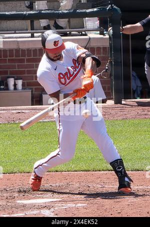 Baltimore, États-Unis. 02 mai 2024. BALTIMORE, MD - MAI 02 : Anthony Santander (25), joueur de la batte lors d'un match MLB entre les Orioles de Baltimore et les Yankees de New York, le 2 mai 2024, à Orioles Park à Camden Yards, à Baltimore, Maryland. (Photo de Tony Quinn/SipaUSA) crédit : Sipa USA/Alamy Live News Banque D'Images