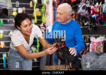 Femme et vieil homme choisissant collier pour chien Banque D'Images