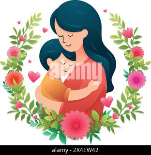 Icône ou symbole de fête des mères heureuse, maman heureuse avec fille bien-aimée illustration vectorielle plate simple Illustration de Vecteur