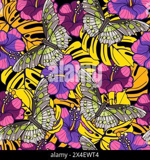 Motif floral sans couture avec papillons malachite et fleurs d'hibiscus avec illustration vectorielle de feuilles de monstera Illustration de Vecteur