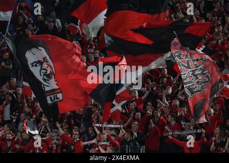 Rome, Italie 2.05.2024 : les supporters de Leverkusen lors de l'UEFA Europa League 2023-2024, demi-finale de l'étape 1, match de football entre AS Roma vs Bayer 04 L. Banque D'Images
