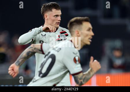 Rome, Italie 2.05.2024 : Alejandro Grimaldo de Leverkusen, Florian Wirtz de Leverkusen lors de l'UEFA Europa League 2023-2024, demi-finale jambe 1, pied Banque D'Images