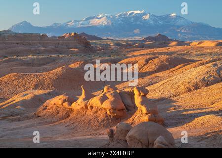 Hoodoos fantaisistes dans Goblin Valley State Park, Utah. Henry Mountains sont au loin. Banque D'Images