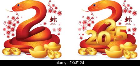 Année du serpent 2025, serpent rouge avec design de numéro 2025 doré Illustration de Vecteur