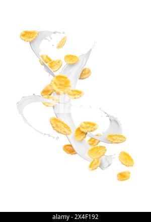 Savoureux cornflakes et éclaboussures de lait isolés sur blanc Banque D'Images