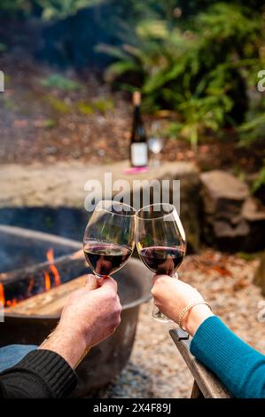 États-Unis, État de Washington, Woodinville. Un homme et une femme dégustent un verre de vin rouge devant un feu de camp. Banque D'Images