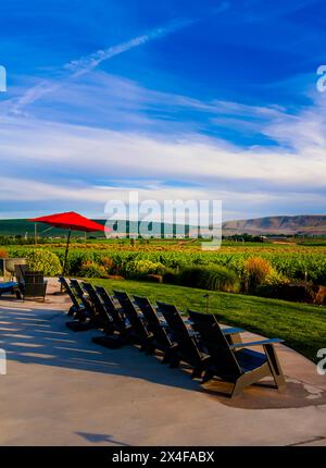 États-Unis, État de Washington, vallée de Yakima. Crépuscule sur Fidelitas Winery et le vignoble du domaine, encadrés par les collines du paradis du cheval. (Usage éditorial uniquement) Banque D'Images