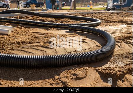 Tuyau ondulé noir posé dans la saleté sur un chantier de construction de maison. Banque D'Images