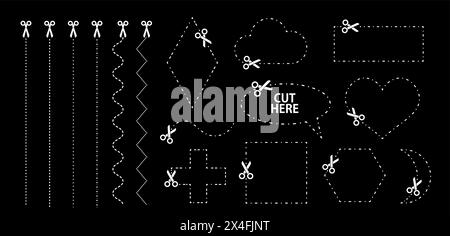 Ensemble de ciseaux avec lignes de coupe. Collection vectorielle de différentes formes géométriques avec des traits pointillés et des ciseaux coupant le papier par les divers Illustration de Vecteur