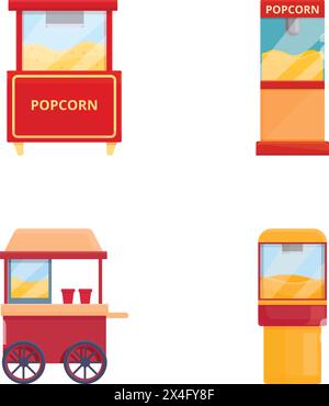 Les icônes de panier de popcorn définissent le vecteur de dessin animé. Kiosque vintage dans le parc d'attractions. Nourriture de rue Illustration de Vecteur