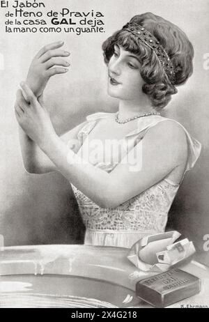 Publicité pour le savon espagnol Heno de Pravia. La publicité dit, le savon Heno de Pravia de la maison de Gal laisse votre main comme un gant. De Mundo Grafico, publié en 1912. Banque D'Images