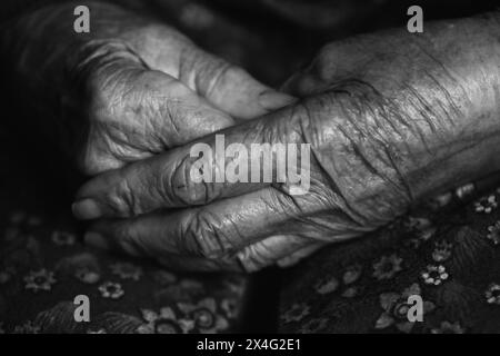 Les mains de la femme âgée. Mains de vieille femme en noir et blanc Banque D'Images