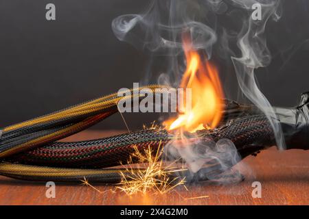 Le câblage électrique et les fils sont éclairés sur un fond sombre. Un court-circuit dans les fils torsadés du calculateur. Flammes, étincelles et fumée. Banque D'Images