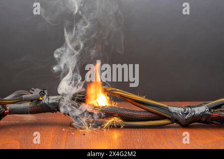 Le câblage électrique et les fils sont éclairés sur un fond sombre. Un court-circuit dans les fils torsadés du calculateur. Flammes, étincelles et fumée. Banque D'Images