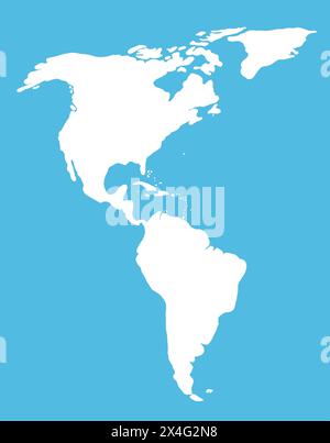 Silhouette blanche de l'Amérique du Sud et du Nord sur le fond bleu. Illustration de carte du monde avec les continents américains. Banque D'Images