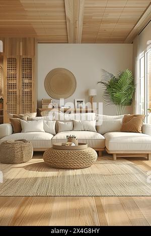 Salon moderne dans un style nordique, couleurs neutres. Banque D'Images