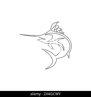 Un dessin en ligne continue de grand marlin sauvage pour l'identité du logo de la compagnie maritime. Concept de mascotte de poisson de saut pour icône de compétition de pêche. Ligne unique Illustration de Vecteur