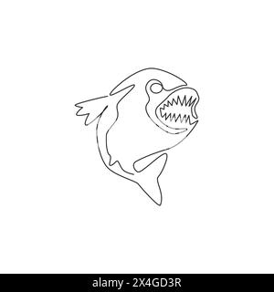 Un dessin simple ligne de piranha en colère pour l'identité du logo. Concept de mascotte de poisson de rivière Amazone pour icône de créature monstre. Dessin graphique en ligne continue d Illustration de Vecteur