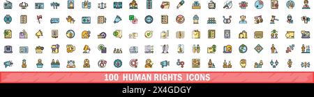 ensemble de 100 icônes des droits de l'homme. Ensemble de ligne de couleur des icônes de vecteur de droits de l'homme couleur de ligne mince plat sur blanc Illustration de Vecteur