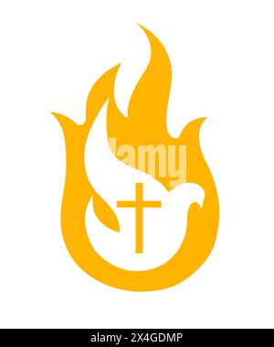 Logo Holy Spirit colombe. Bannière du dimanche de Pentecôte avec colombe dans la flamme et symbole de croix. Illustration vectorielle Illustration de Vecteur