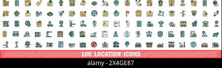 100 icônes d'emplacement définies. Ensemble de lignes de couleur des icônes de vecteur d'emplacement couleur de ligne mince plat sur blanc Illustration de Vecteur