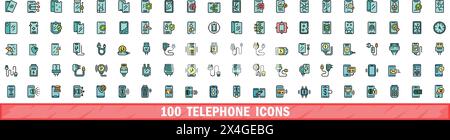 100 icônes de téléphone définies. Ensemble de lignes de couleur d'icônes vectorielles de téléphone couleur de ligne mince plat sur blanc Illustration de Vecteur