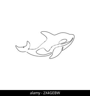 Dessin de ligne continue simple de grand orque adorable pour l'identité de logo de l'entreprise. Concept de mascotte d'épaulard Whale pour icône d'amoureux de plongée sous-marine. Moderne un lin Illustration de Vecteur