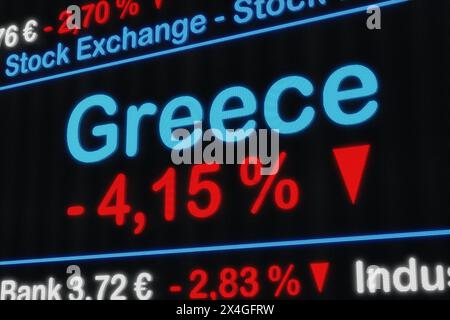 La bourse grecque baisse. La bourse grecque baisse. Signe de pourcentage rouge, chute, réduction, ticker boursier, information, busin Banque D'Images