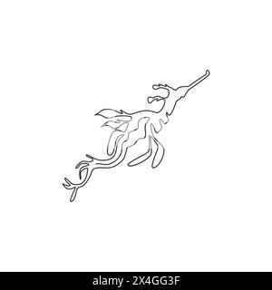 Un dessin simple ligne de beau Seadragon feuillu pour l'identité du logo de l'entreprise. Concept de mascotte de monstre marin pour l'icône d'exposition de réservoir d'aquarium. Continue moderne Illustration de Vecteur