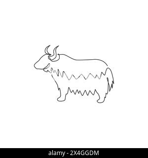 Un dessin de ligne continue de Dashing yak pour l'identité du logo de l'entreprise. Concept de mascotte de mammifère OX pour icône de bétail. Dessin graphique à une ligne moderne Illustration de Vecteur